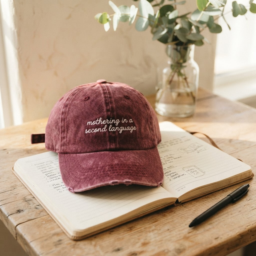 Burgundy acid-wash cap with ivory embroidery reading "mothering in a second language", resting on an open notebook