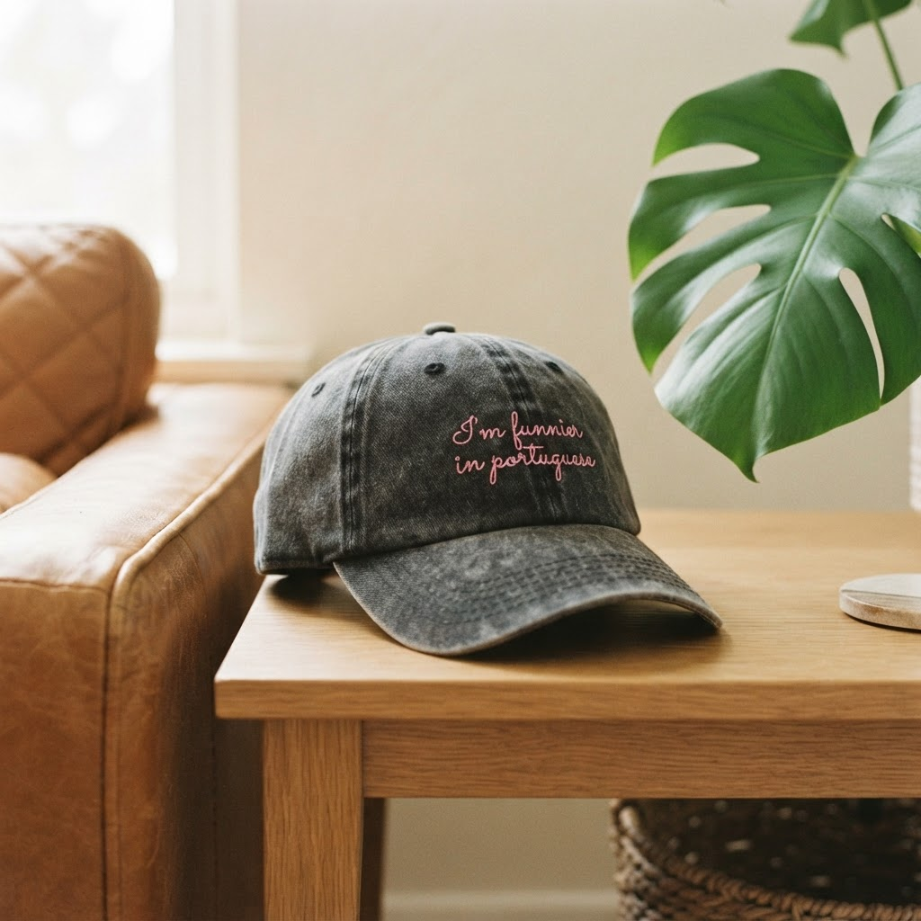 Charcoal acid-wash cap with pink embroidery reading "I’m funnier in portuguese", resting on a light oak table beside a leather sofa