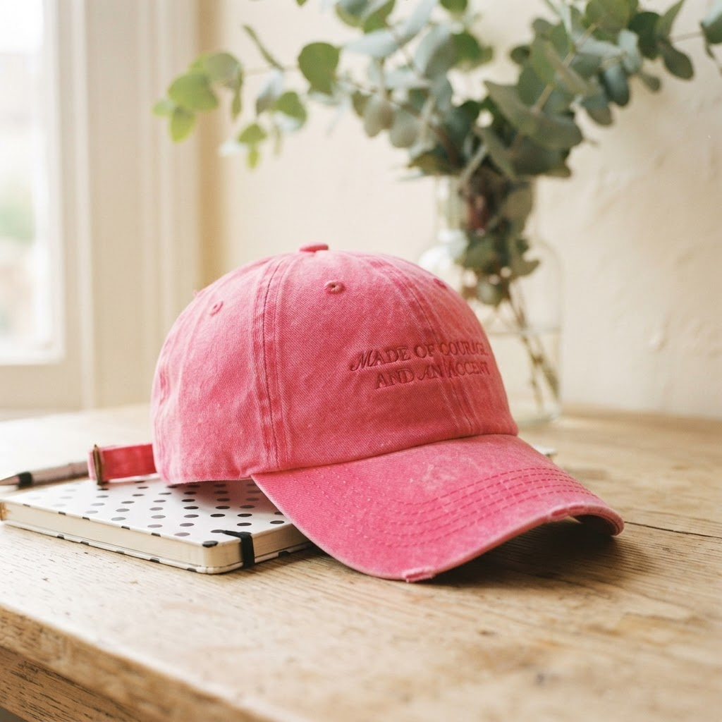 Hot pink acid-wash cap with tonal embroidery reading "made of courage and an accent" on a light oak table