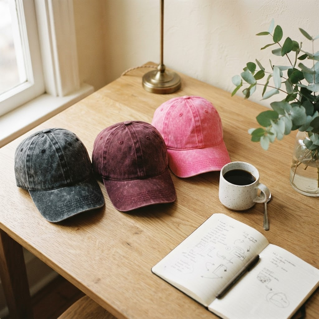 Three washed-cotton in between caps in charcoal, burgundy and hot pink, arranged on a sunlit oak table with coffee, a notebook and eucalyptus