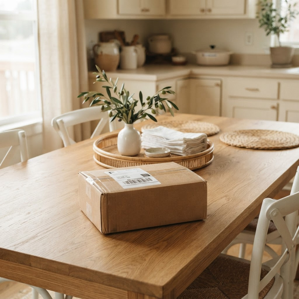 A kraft paper in between parcel resting on a family dining table beside olive branches and woven placemats